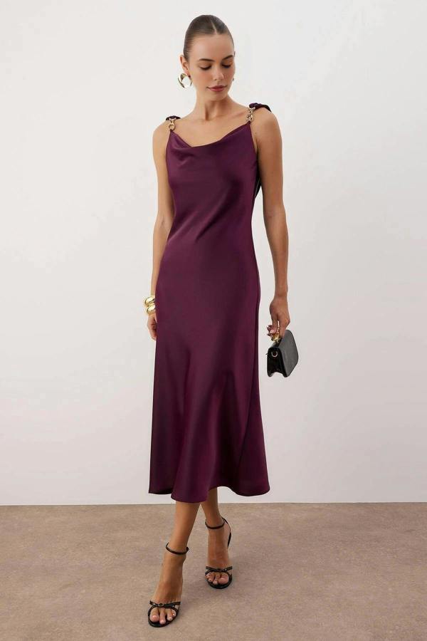 WOVCOR Woven Satin Maxi Party Dress with Accessory Details