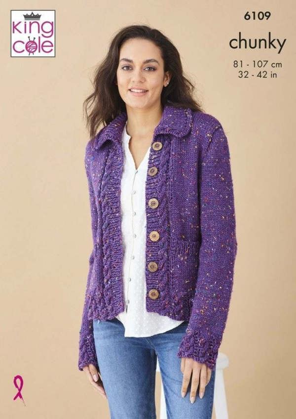 King Cole Chunky Tweed Knitting Pattern 6109, Cardigans, Slipovers for Women, 32 - 42 Inches