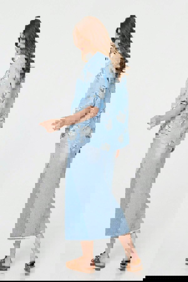 Light Blue | Floral 3/4 Turn-Up Sleeve Blouse