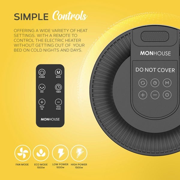 MONHOUSE 1500W Energy Efficient Electric PTC Portable Heater 12H Timer - 24cm