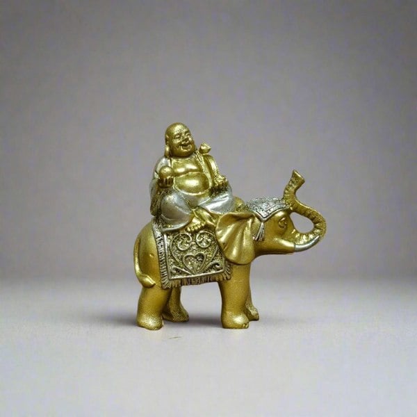Yorkshire Bonsai Lucky Buddha On Elephant | Brushed Wood Effect Resin Figurine