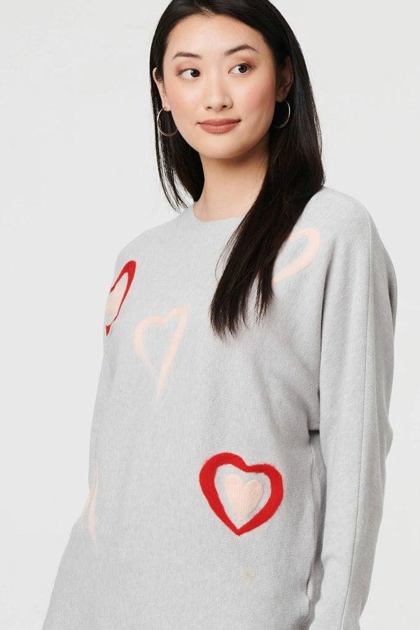 Grey | Heart Print Batwing Sleeve Jumper
