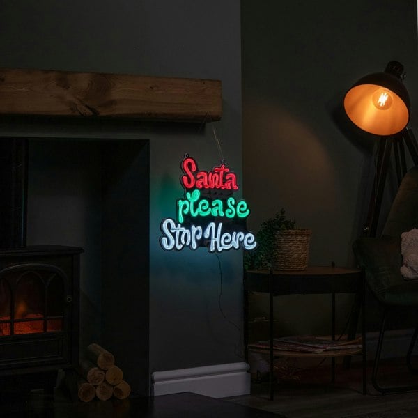 Samuel Alexander 40cm Light up Hanging Santa Stop Here Christmas Infinity Mirror Light with Multi-Coloured LEDs