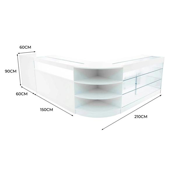 Curved white Hyperion LED shop counter set with glass display shelves, measuring 210cm x 150cm x 90cm, ideal for retail spaces