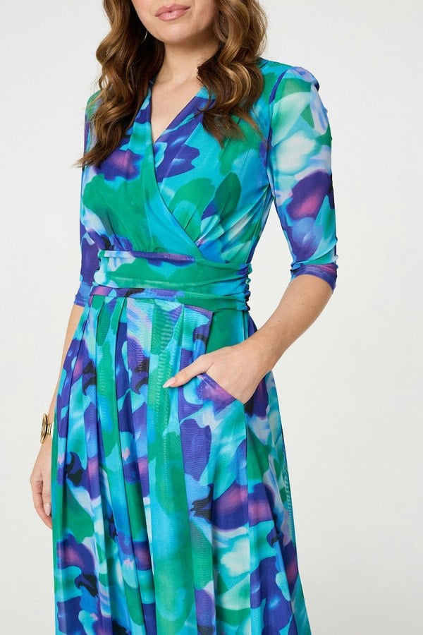 Blue | Printed Short Sleeve Pleated Wrap Midi Dress