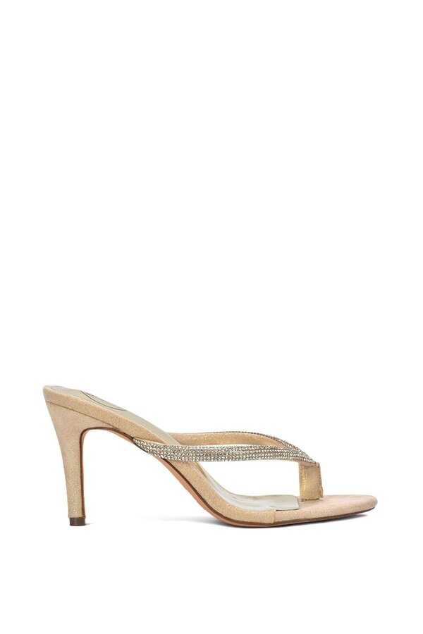 XY LONDON Thong Strap Slip On Stiletto Diamante Heeled Sandal Mules - Gold