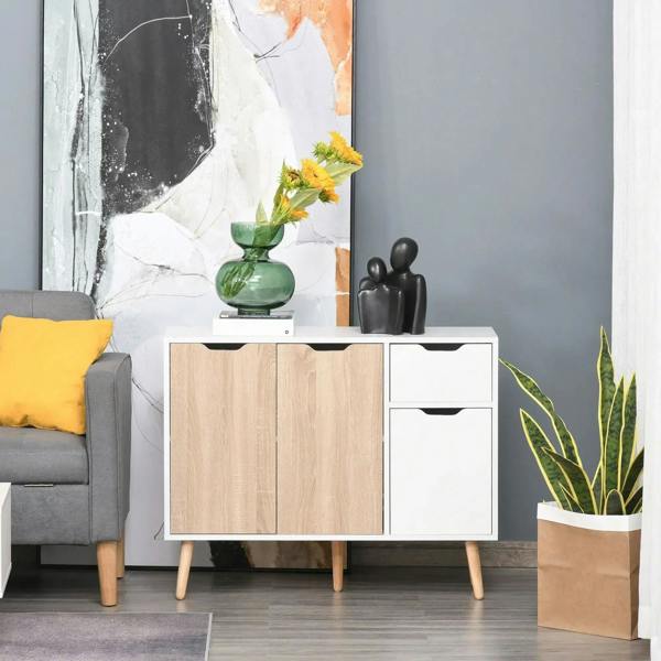 Natural wood and white cabinet sideboard with two doors and two drawers
