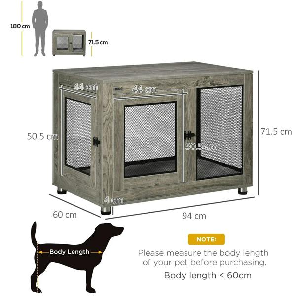Grey two-door dog cage side table with front mesh doors and size diagram