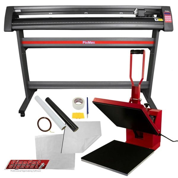 Clam Heat Press 38x38cm with red handle, vinyl cutter with black and red design, includes vinyl rolls, tape, and tools