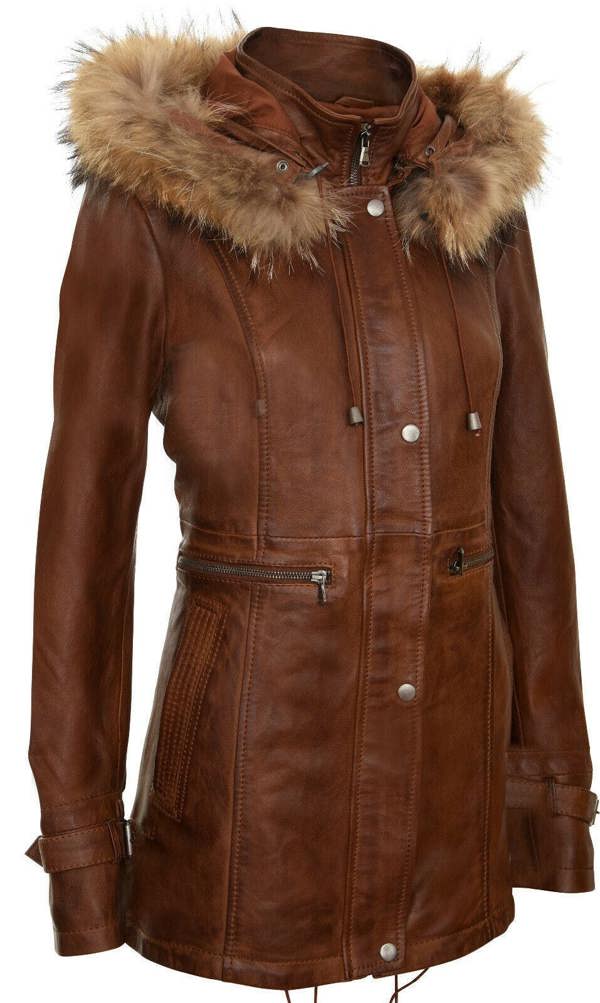 Womens Warm Leather Hooded Parka Jacket-Northwich - Upperclass Fashions 