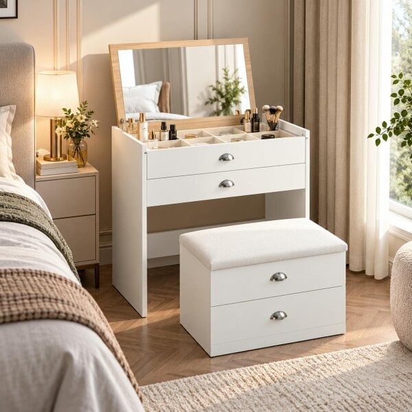 HOMEWEDO  Dressing Table with Mirror and Stool, White Vanity Table with Flip Top Mirror, W75 x D60 x H80 CM