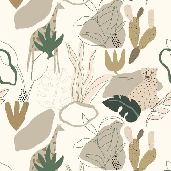 Roomblush Nursery Safari Jungle Kids Eco 4 Lane Repeatable Wallpaper Mural 200 x 285cm, Neutral Beige