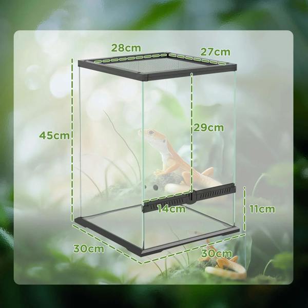 Reptile terrarium size diagram with black base and transparent glass walls