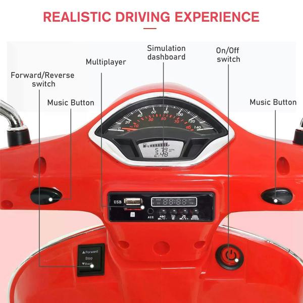 Red 6V ride-on motorcycle dashboard with USB port, music buttons, and on/off switch