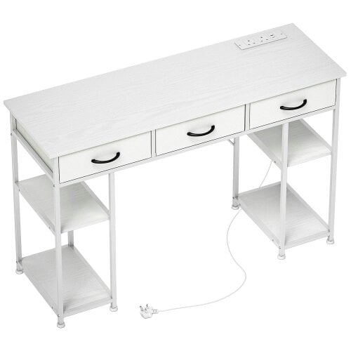 Wyld Haus Riba 120cm Wooden White Home Office Desk With Power Sockets 3 Fabric Drawers And Storage Shelves 120 cm