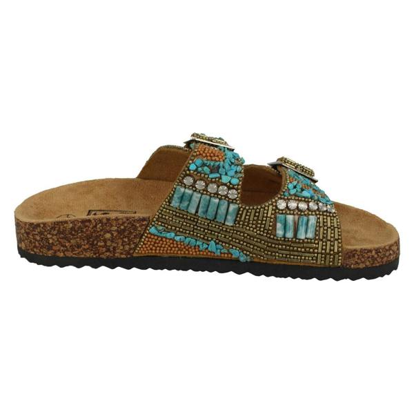 Down to Earth Ladies Down To Earth Dual Buckle Strap Beaded Mule Sandals F00251