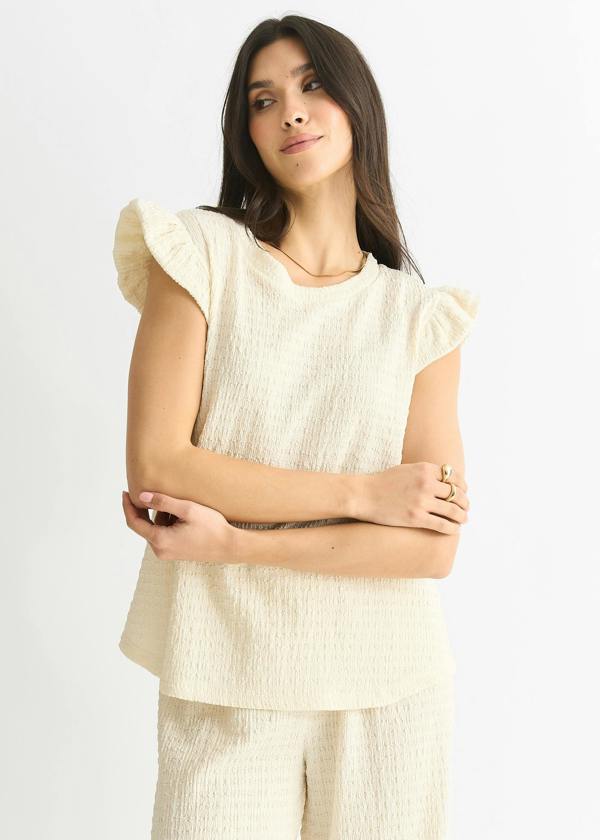 Gini London Ivory Frill Sleeves Textured Oversized Top
