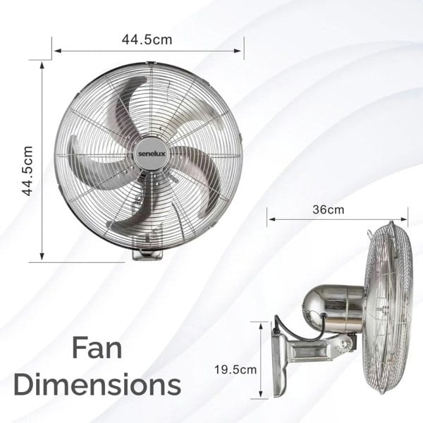 A photo of the top and side of the Senelux 16 inch wall fan that shows that the fan is 36cm deep, 44.5cm wide and 44.5cm tall