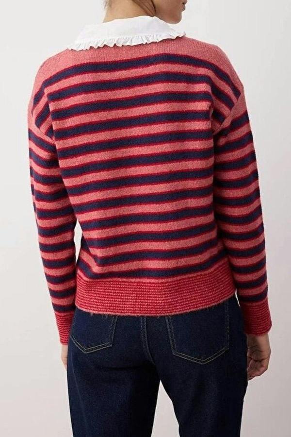 WOVCOR Detachable Collar Lace Trimmed Color Block Knit Sweater