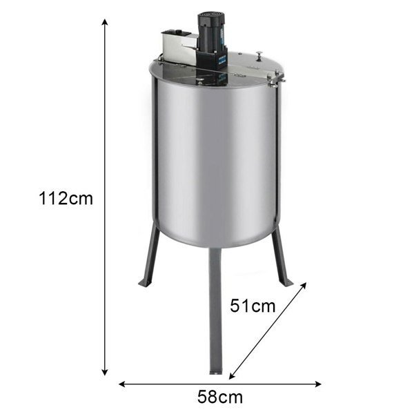 Electric honey extractor featuring a stainless steel body, sturdy legs, and a motor on top for efficient honey extraction, measuring 112cm tall