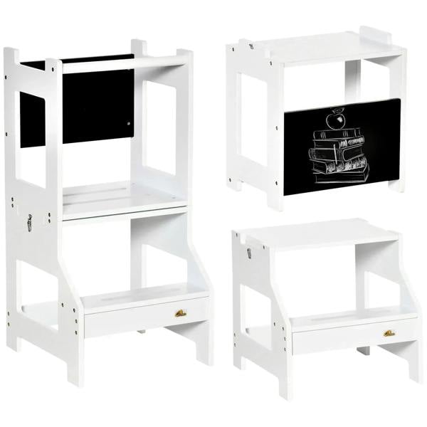 White 2-in-1 kids step stool with safety rail and built-in black chalkboard