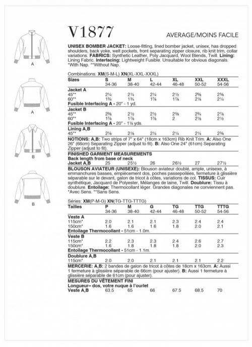 Vogue Sewing Pattern 1877, Jackets for Women, Men, XM (S-M-L) - Intermediate