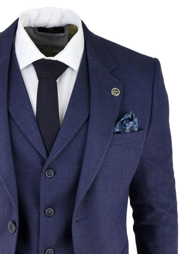 TruClothing Mens Navy Blue 3 Piece Tweed Herringbone Suit Peaky Blinders Classic Tailored