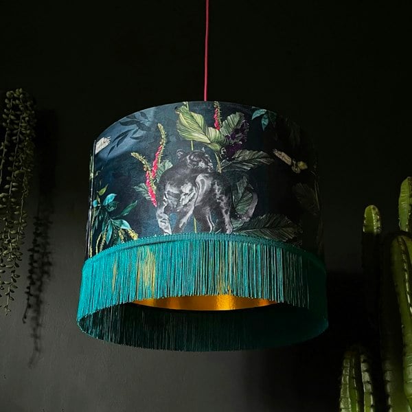 Handmade Fringed Velvet Lampshade with Gold Lining in Twilight