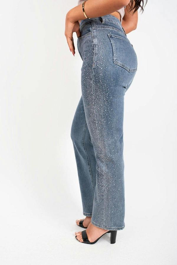 Elyndra High Waisted Sparkle Straight Leg Jeans - Denim