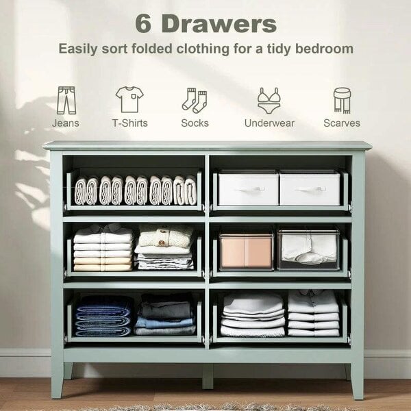 Fluted Dresser, 6 Drawer Chest of Drawers for Bedroom, Living Room, Hallway, Closet, Green