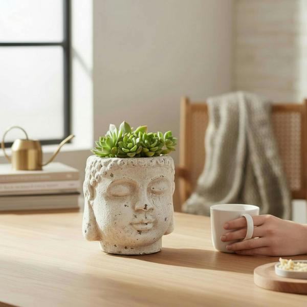 17CM CREAM CEMENT BUDDHA FLOWER POT