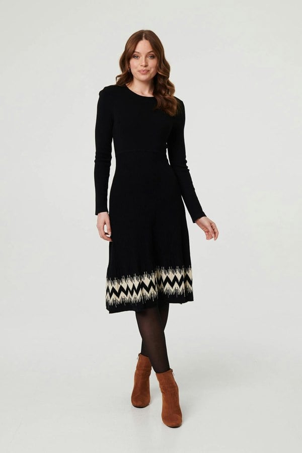 Black | Border Print Knee Length Knit Dress
