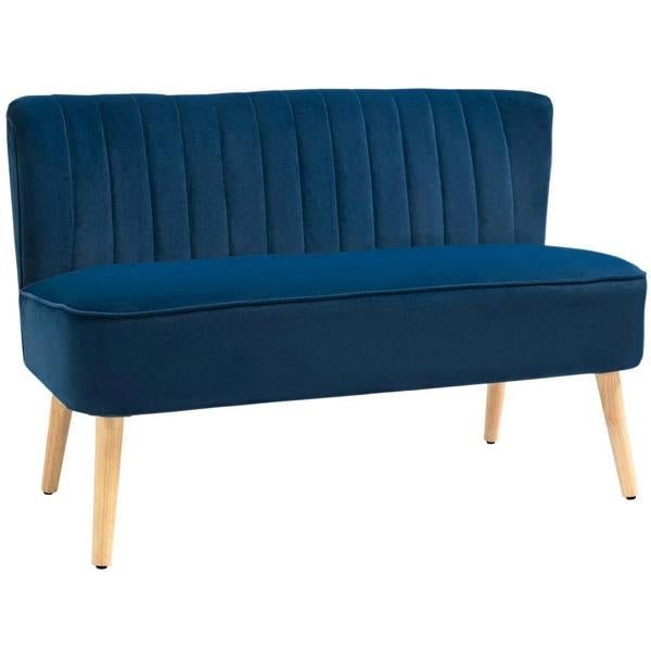 Dark blue upholstered high-back compact sofa with foam padding and wooden legs