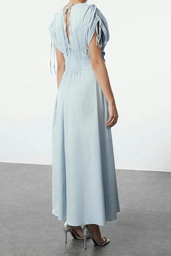 WOVCOR Floral Applique Detail V-Neck Gathered Maxi Woven Dress
