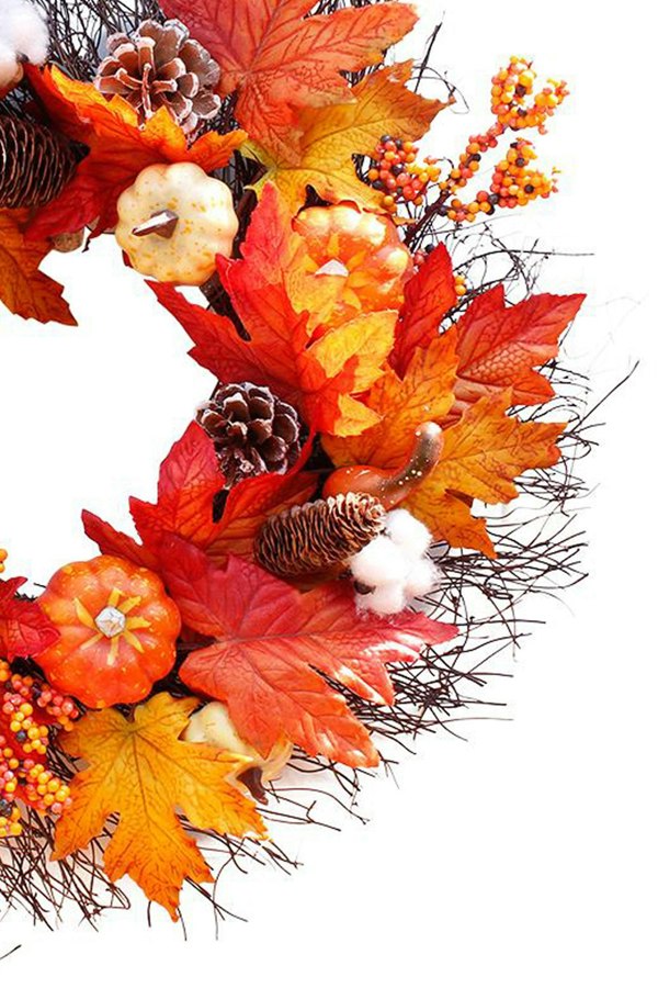 Living and Home 55cm Artificial Fall Wreath for Front Door Rustic Autumn Wreath with Light, Pumpkin, Cotton, Pine Cone,Maple Leaf