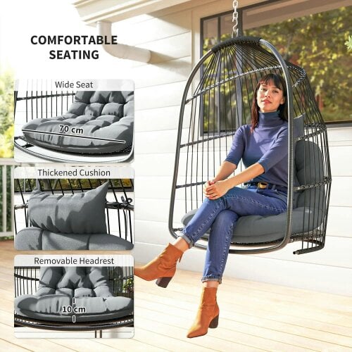 Bobobiy Hanging Egg Chair, Foldable Rattan Garden Swing Chair with Installation Kit, Thickened Cushion and Headrest, Dark Grey