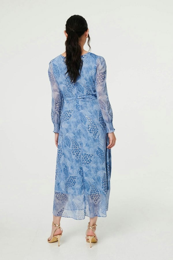 Blue | Feather Print Sheer Layered Maxi Dress
