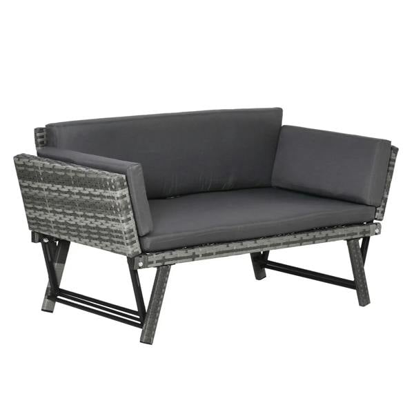 Grey 2-seater rattan sofa with dark cushions and rectangular armrests