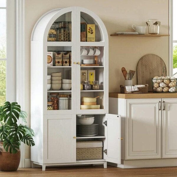 180cm Tall Kitchen Cupboard, Storage Cabinet with Adjustable Shelves, Acrylic Doors for Living Room, Dining Room, White - White