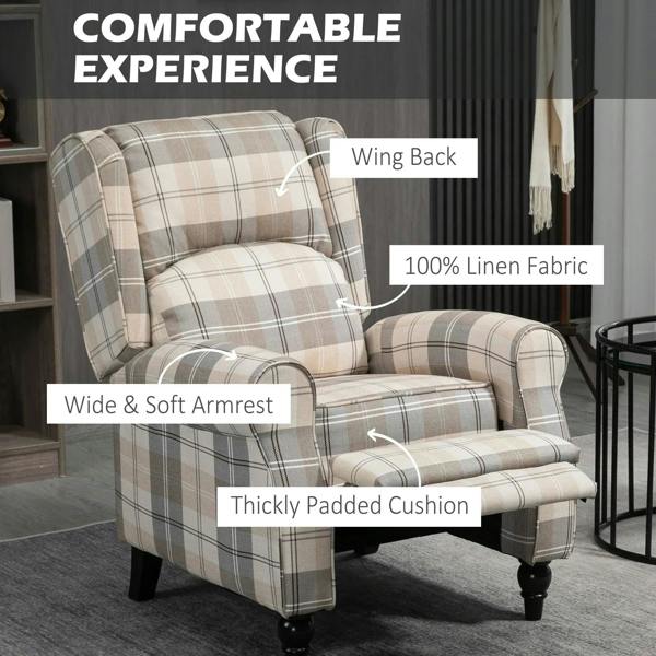 Plaid wingback recliner chair with thickly padded cushion, wide soft arms, and wing back