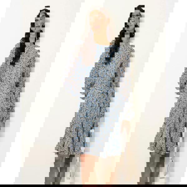 Blue Vanilla Puff Sleeve Godet Dress With Self Tie