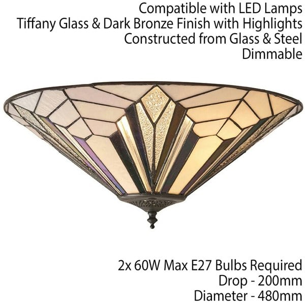 Tiffany Glass Semi-Flush Ceiling Light - Art Deco Round Inverted Shade - i00033 Loops