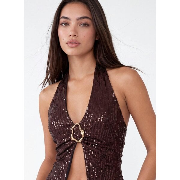 Pink Vanilla Sequin Trim Halter Top