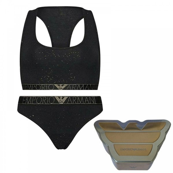 Emporio Armani Stardust Bralette & Brazilian Brief Underwear Set Gift Tin, Printed Black
