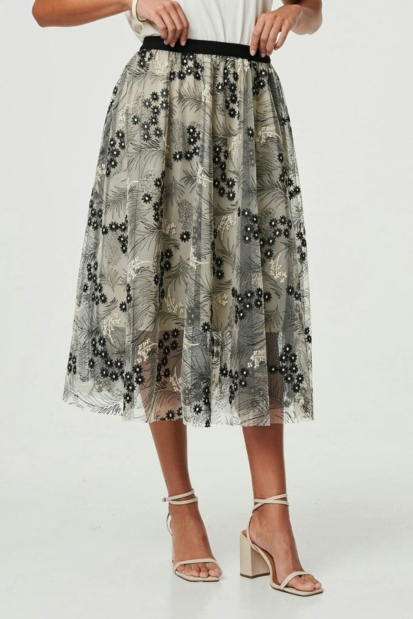 Beige | Printed A-Line Midi Skirt
