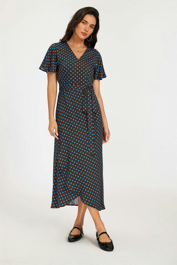 FS Collection Brown & Blue Polka Dot Print Wrap Maxi Dress