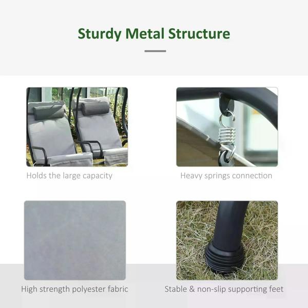 Grey two-seat canopy swing chair with sturdy metal frame and heavy springs