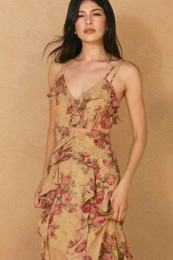 BALOU Womens Vintage Floral Ruffle Dress