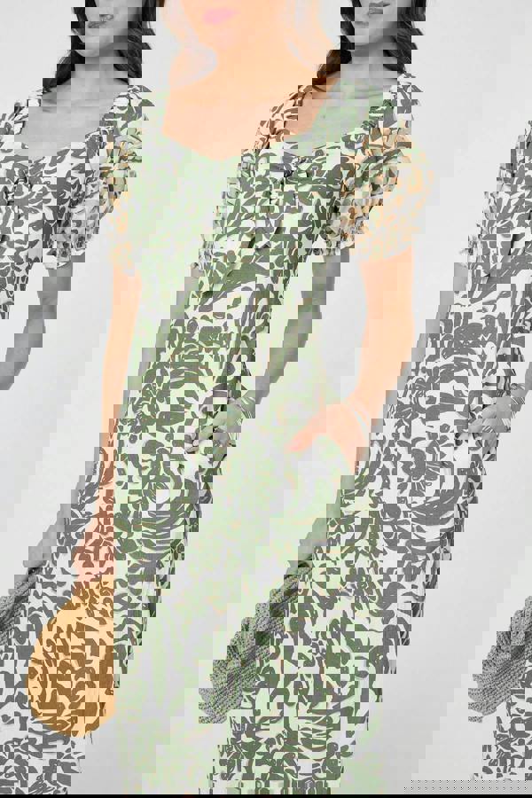 Khaki | Printed Tie Front Puff Sleeve Midi Dress