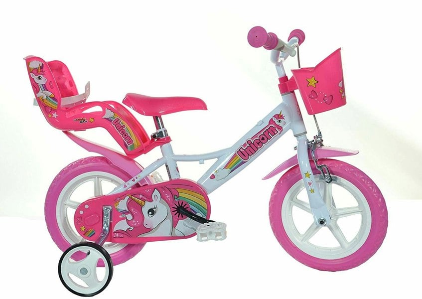 Dino Bikes Dino Unicorn Girls 12" First Bicycle With Stabilisers - White/Pink